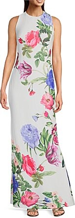 Woven Floral Print Round Neck Sleeveless Maxi Gown
