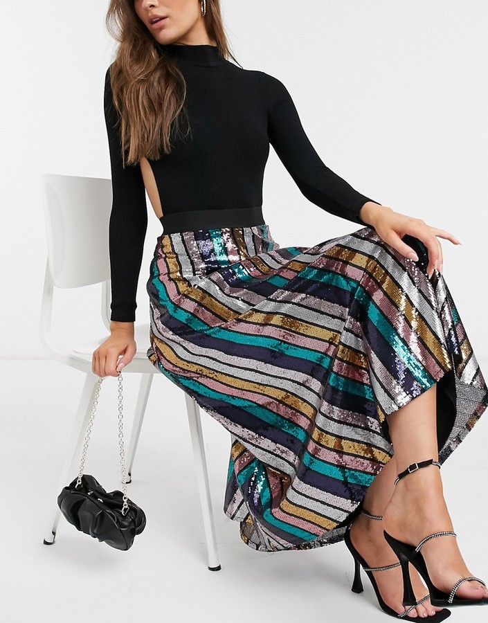 Outrageous Fortune sequin pleated midi skirt in rainbow stripe - ShopStyle