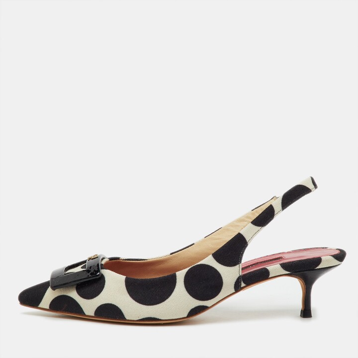 CH Carolina Herrera Black/white Canvas Polka Dot Slingback Pumps