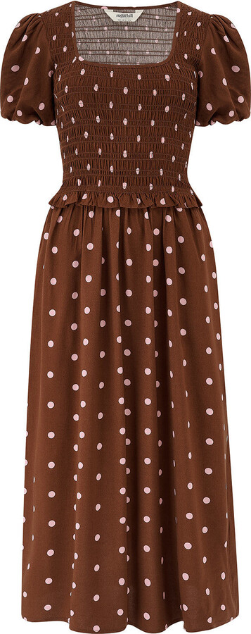 Sugarhill Brighton Lyra Shirred Midi Dress Brown Pink Polka
