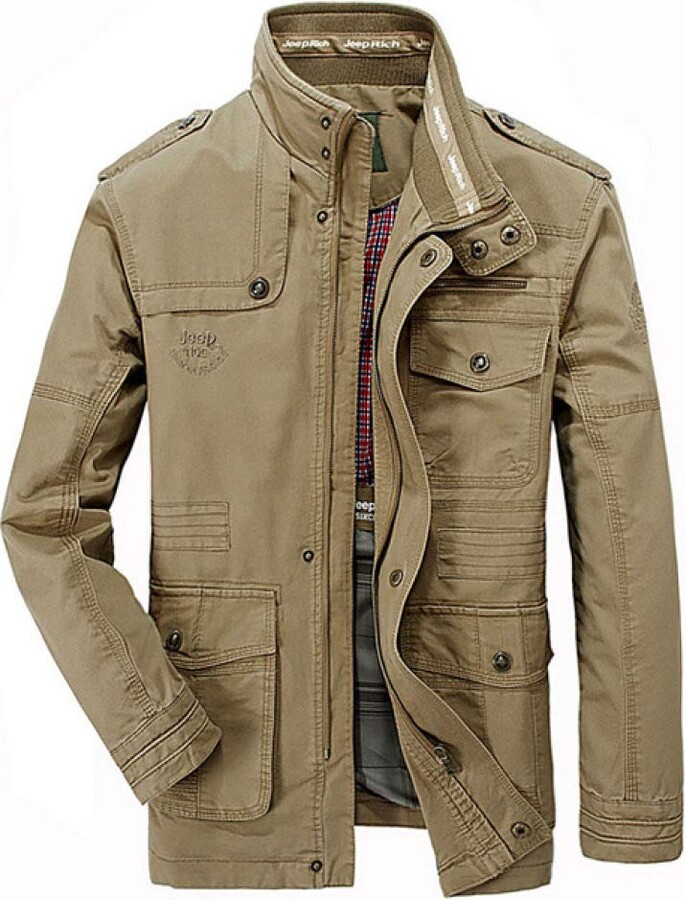 HNOSD Autumn Military Jacket Men Cotton Outwear Multi-Pocket Mens Jackets  Long Coat Male Khaki 6XL - ShopStyle