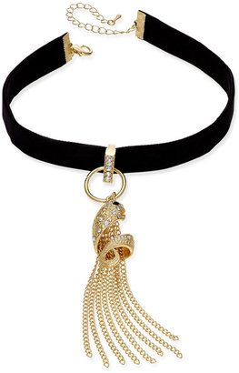 Thalia Sodi Gold-Tone Pavé Snake & Chain Tassel Black Velvet Ribbon Choker Necklace, Created for Macy's