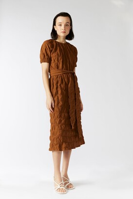 Keegan Women's Brown Terracotta Dress With Short Puffy Sleeves And Waist Tie
