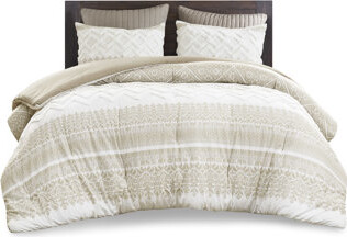Kivaritio Full/Queen 3 Piece Comforter . Chenille Tufting Detail. Taupe Print. Fill. 2 Shams. . Classic Bedroom Style Cotton. Updated Solid Reverse. . Includes