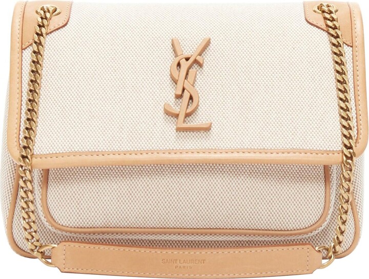 Saint Laurent Niki Beige Canvas Brown Leather Trim Logo Flap Crossbody Chain Bag