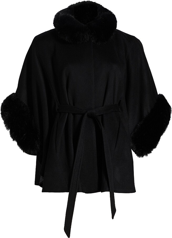 Sofia Cashmere Women's Faux-Fur Cashmere Belted Cape - Black - Size Medium