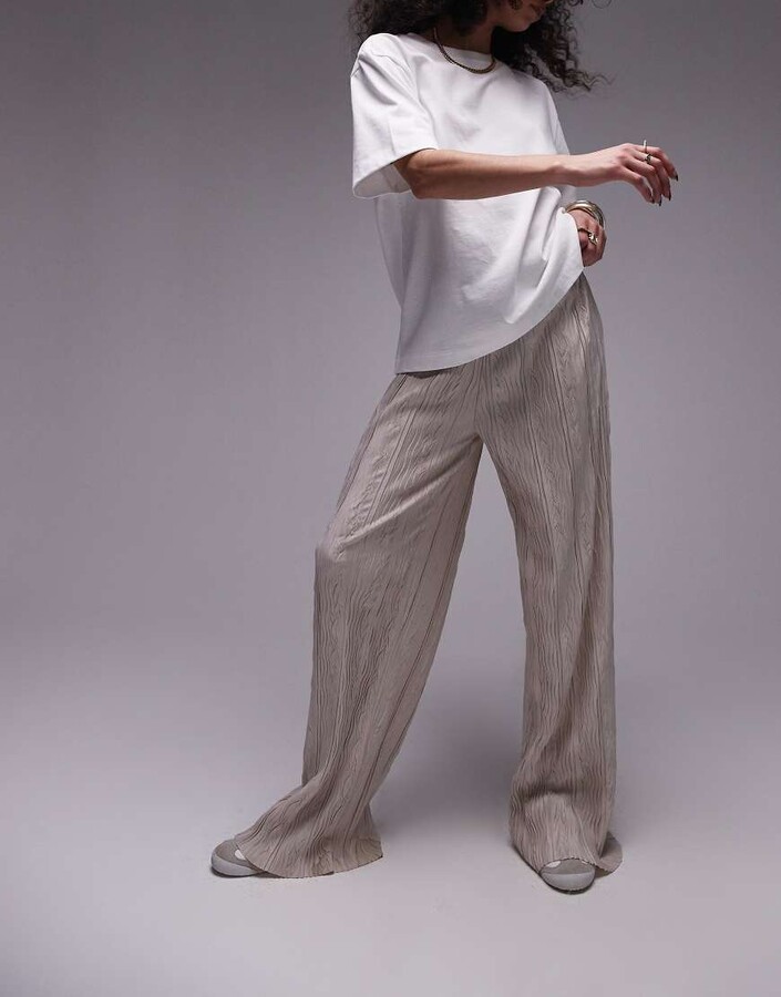 Topshop crinkle plisse wide leg trouser in stone ShopStyle