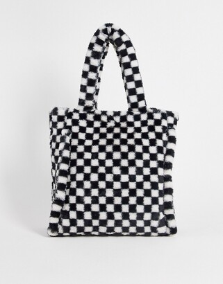 Skinnydip check fluffy tote bag in black and white