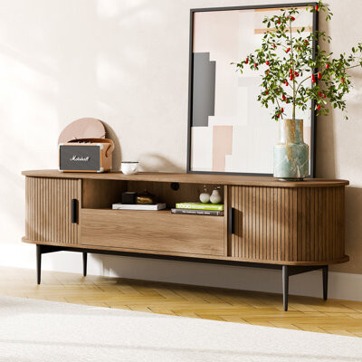 StorageWorks Tambour Design Mid-Century Modern TV Stand With Drawer for TV Up to 75"