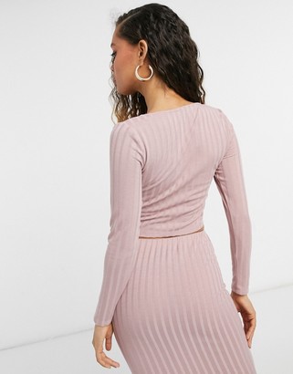 ASOS Petite DESIGN Petite long sleeve thick rib top with ruched bust detail in blush co-ord