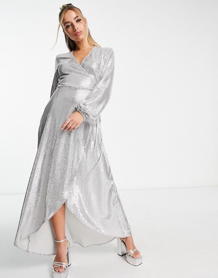 Flounce London long sleeve wrap maxi dress in silver metallic sparkle ...