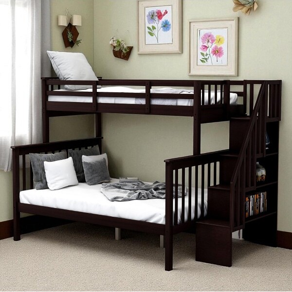 Mshliw StairwayTwinOverFullBunkBedwithTrundle,StorageStairs,GuardRail,WoodFrame,NoBoxSpringNeeded