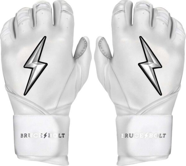 Boys' Bruce Bolt Chrome Series Long Cuff Baseball Batting Gloves White Large