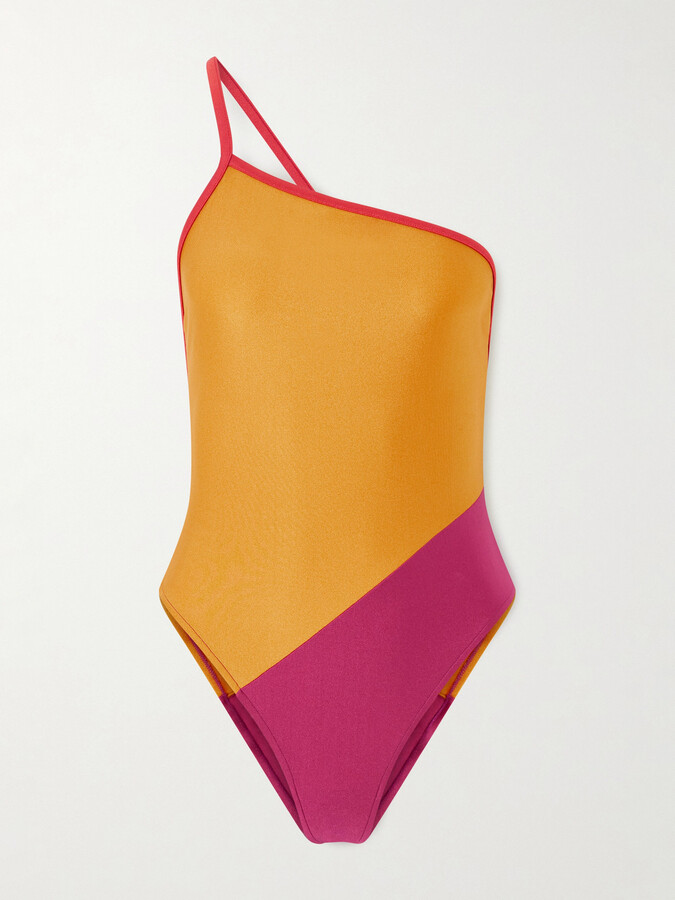 SAINT LAURENT - One-shoulder Color-block Swimsuit - Orange