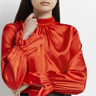 River Island Womens Red satin high neck blouse - ShopStyle Tops