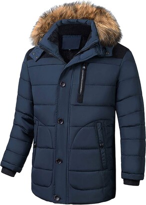 Huang Men's Winter Warm Fur Hooded Jacket Coat Casual Fleece Parka Thick  Zip Overcoat XL Navy Blue - ShopStyle