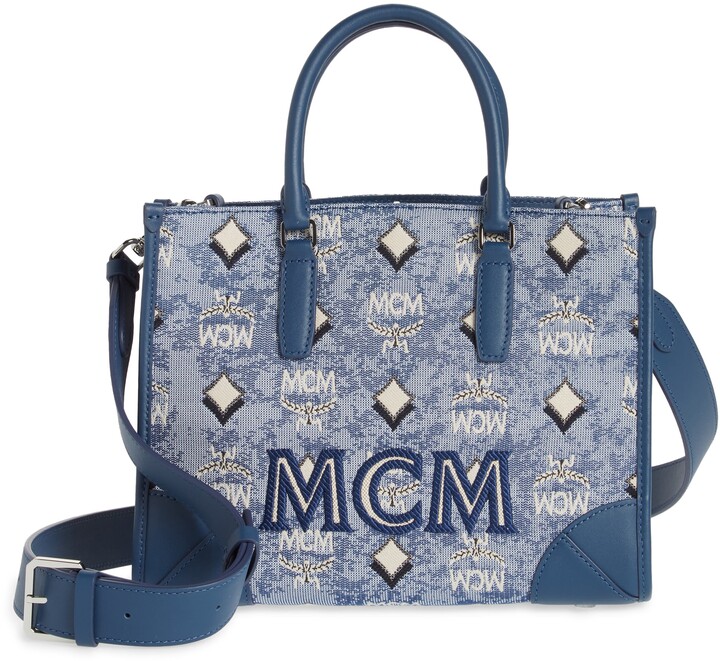MCM Women's Blue Feet Top Handle Logo Single Strap Tote Handbag Purse 