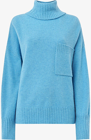 Whistles Womens Blue Roll-Neck Patch-Pocket Wool Jumper S
