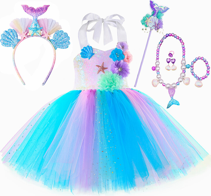 Hjtt Sequins Flower Girls Mermaid Tutu Dress Toddler Kids Princess Mermaid Costume for Girls Halloween Birthday Party Tulle Dresses