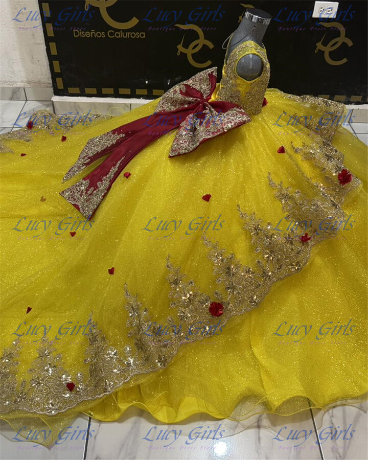 gdybao Quality Luxury Yellow Tulle Fluffy Flower Girl Dress With Gold Applique Wedding Dresse Kids Birthday Party Evening Ball Gown