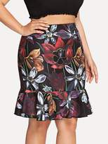 Thumbnail for your product : Shein Plus Flower Print Flounce Hem Skirt