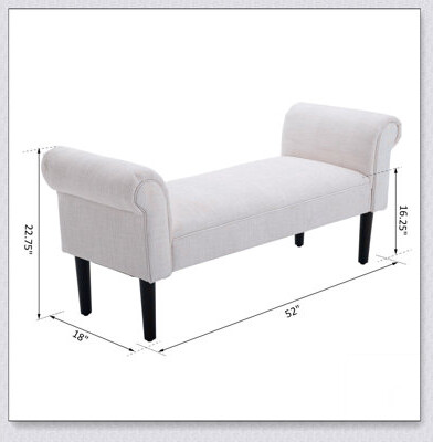 52" End of Bed Bench, Linen Upholstered Ottoman Bench, Bedroom Entryway Bench With Armrests, Cream White
