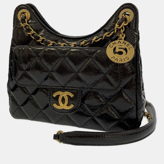 Chanel Shiny Crumpled Calfskin Quilted Small Wavy CC Hobo Black