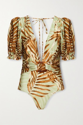 PatBO Palmeira Belted Printed Swimsuit - Leaf green
