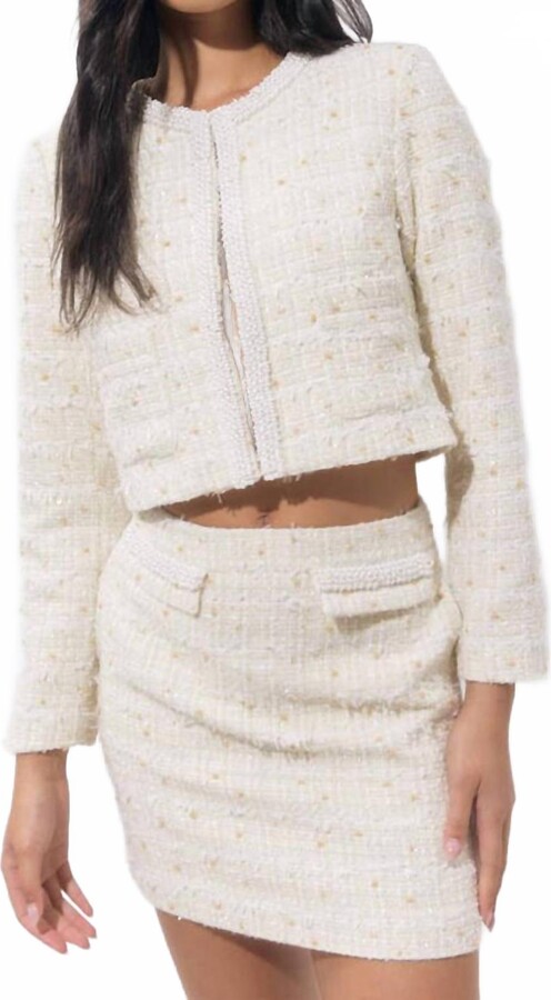 Adelyn Rae Alba Tweed Pearl Trim Jacket In Ivory