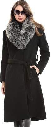 Escalier Women`s Winter Long Wool Trench Blend Overcoat With Fox Fur Collar
