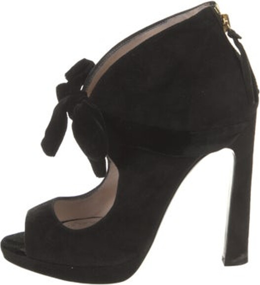 Miu Miu Suede Slingback Sandals Black Cutout & Bow Accents Platform Zip Closures at Shafts Includes Dust Bag