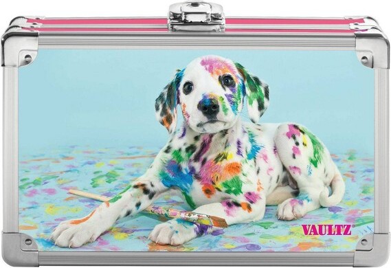 Vaultz® MetalPencilBoxSparklePaintedPuppy MulticolorDogPencilCaseforGirls,ClaspClosure,Ages2+