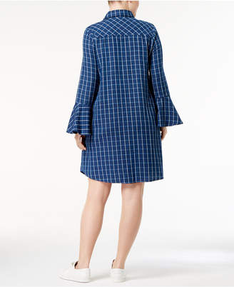 Monteau Trendy Plus Size Bell-Sleeve Plaid Shirtdress