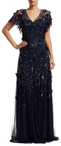 Thumbnail for your product : Theia Flutter Sleeve Floral Applique Gown