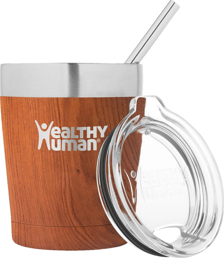 Healthy Human Stainless Steel Tumbler with Straw | Splash Proof Insulated Travel Cruiser Cup | Eco-Friendly Coffee Tumblers with Straws Cleaner & Splash Proof Lid (12oz, Natural Wood)