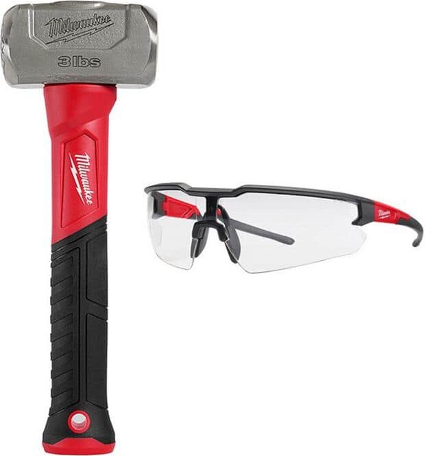 Milwaukee 3 lbs. Fiberglass Drilling Hammer and Clear Safety Glasses Anti-Scratch Lenses