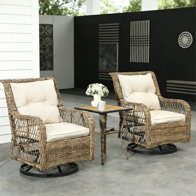 Latitude Run Wicker Furniture Set, 3 Piece Outdoor Bistro Set with Swivel Chairs and 2-Tier Table for Cozy Outdoor Relaxation