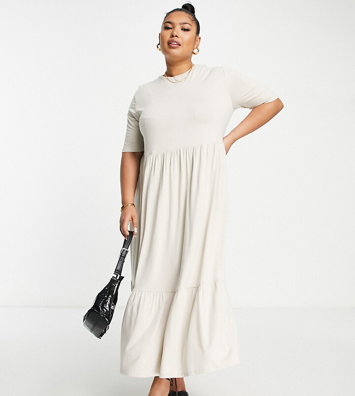 ASOS Curve ASOS DESIGN Curve tiered smock T-shirt midi dress in stone -  ShopStyle