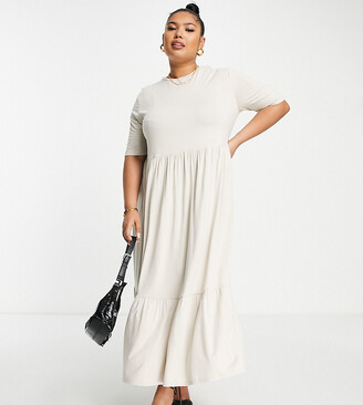 ASOS DESIGN Curve tiered smock t-shirt midi dress in stone