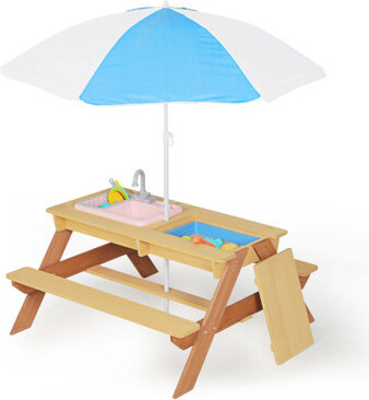 August Grove Convertible Wooden Kids Picnic Table With Sand And Water Play Adjustable Umbrella For Outdoor Fun And Learning