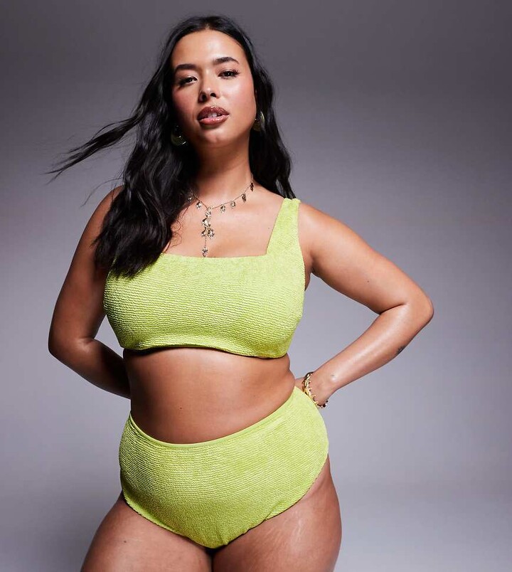 ASOS Curve ASOS DESIGN Curve Bella textured high waist high leg bikini bottoms in bright chartreuse