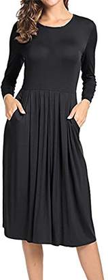 FAVOLOOK Women's Pleated A-Line Dress Solid Color 3/4 Sleeves Shift Dress with Front Pockets