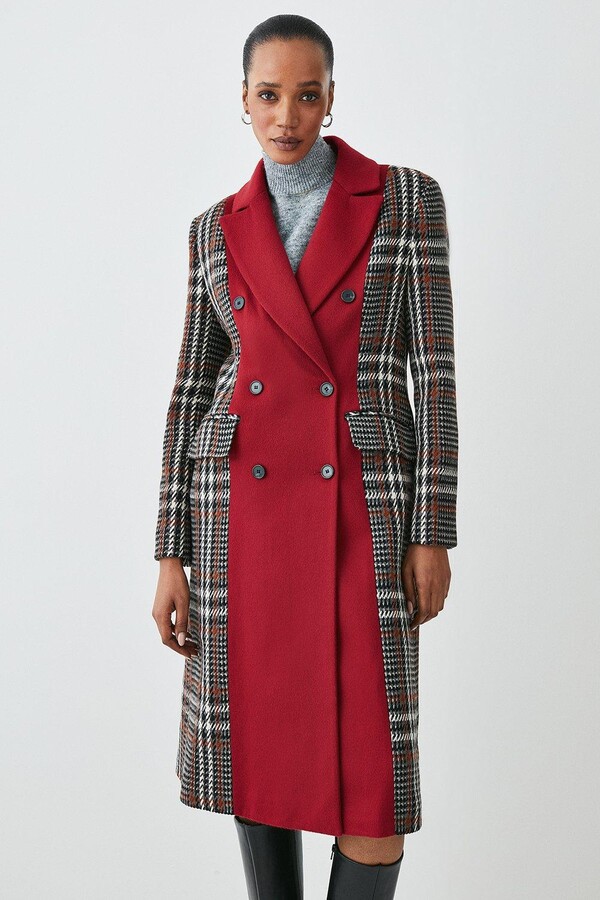 Karen Millen Italian Manteco Wool Colourblock Midi Tweed Coat