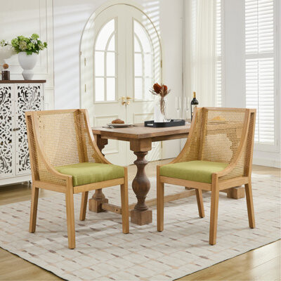 Bayou Breeze Dining Chairs, Solid Wood Frame With Decorative Armrests, Linen Upholstered Seat, Rustic Wooden Style Side Chairs For Kitchen, Dining Room, Living Roo