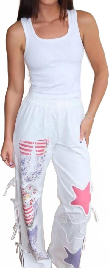 ACT Pretty Graphic Printed Rope Trim With Side Bow Detail Twillpants In White Multi