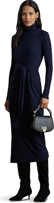 Lauren Ralph Lauren Tie-Front Turtleneck Dress Women's Dress Lighthouse Navy : MD, Cotton/Elastane/Modal