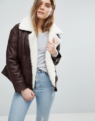 ASOS Leather Look Padded Jacket with Aviator Styling and Borg Liner