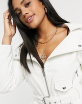 Thumbnail for your product : ASOS DESIGN off the shoulder leather look biker jacket in white
