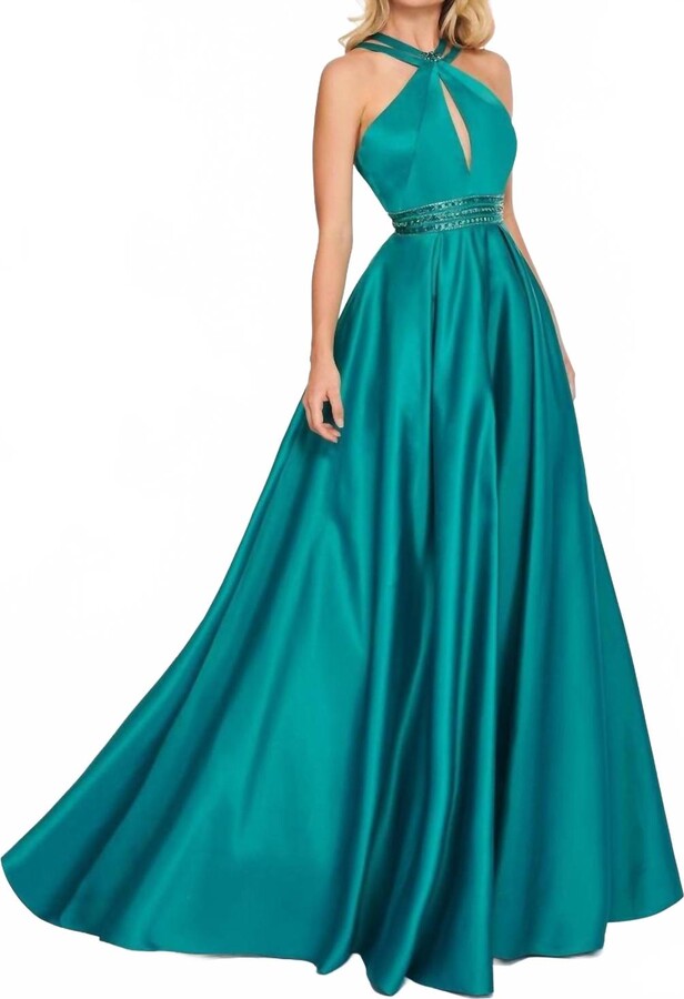 RACHEL ALLAN Matte Satin Halter Neck Prom Gown In Jade
