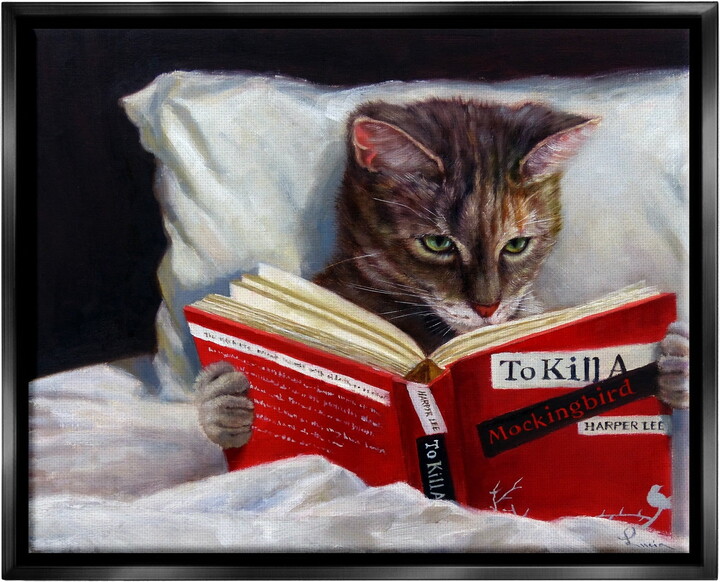 Stupell Industries Cat Reading a Book in Bed Funny Painting Jet Black Framed Floating Canvas Wall Art, 24x30, by Lucia Heffernan